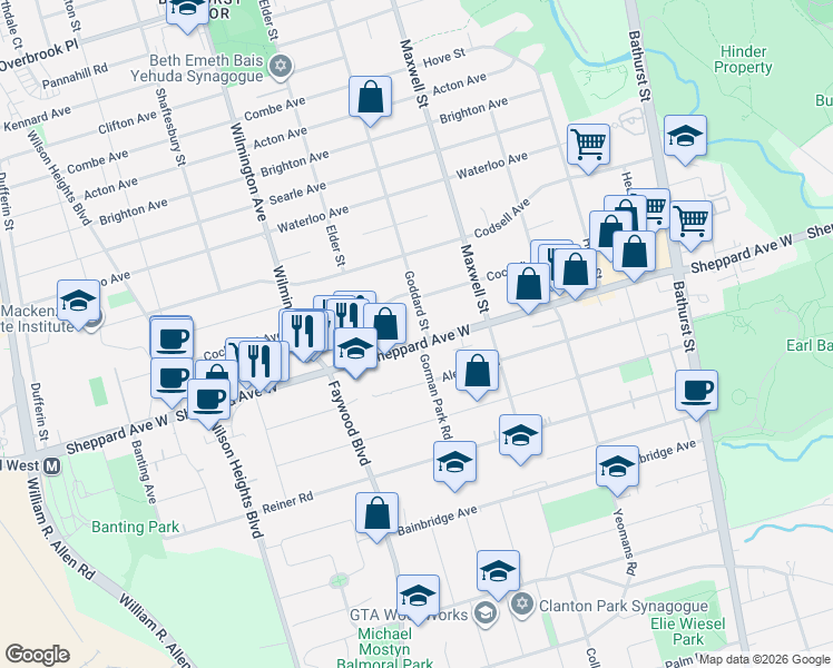 map of restaurants, bars, coffee shops, grocery stores, and more near 778 Sheppard Avenue West in Toronto