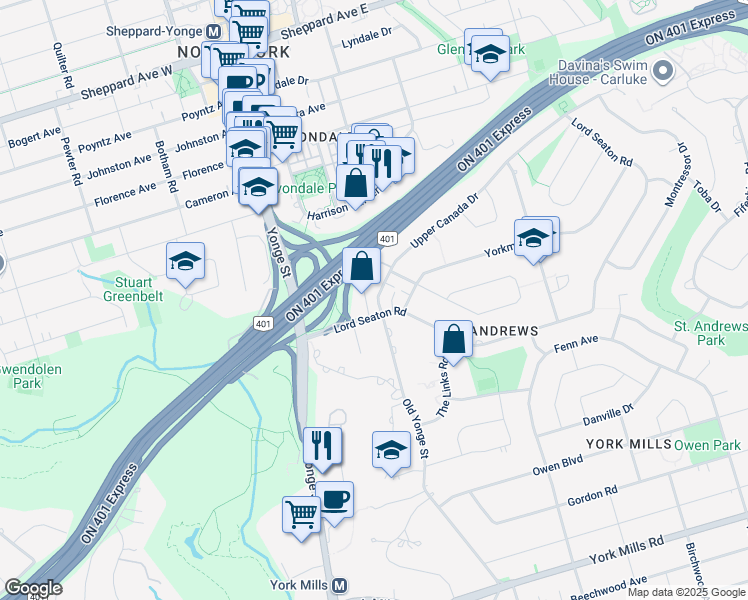 map of restaurants, bars, coffee shops, grocery stores, and more near in Toronto