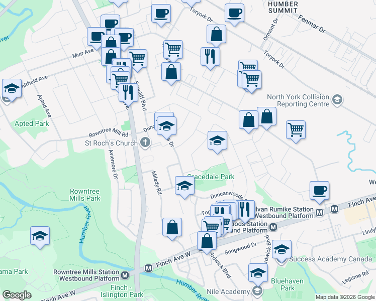 map of restaurants, bars, coffee shops, grocery stores, and more near in Toronto