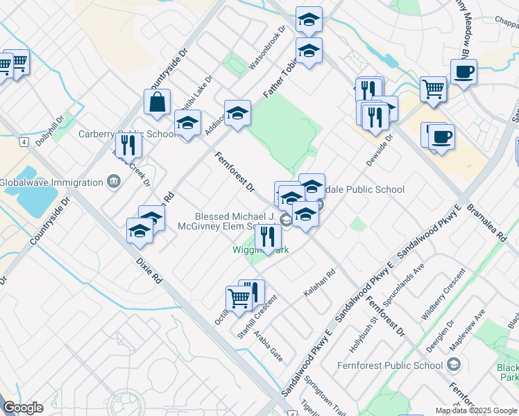 map of restaurants, bars, coffee shops, grocery stores, and more near 8 Hartwell Gate in Brampton