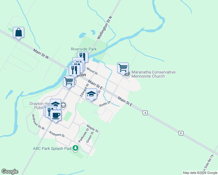 map of restaurants, bars, coffee shops, grocery stores, and more near 62 Main Street East in Drayton