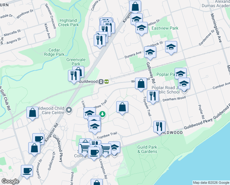 map of restaurants, bars, coffee shops, grocery stores, and more near 178 Toynbee Trail in Toronto