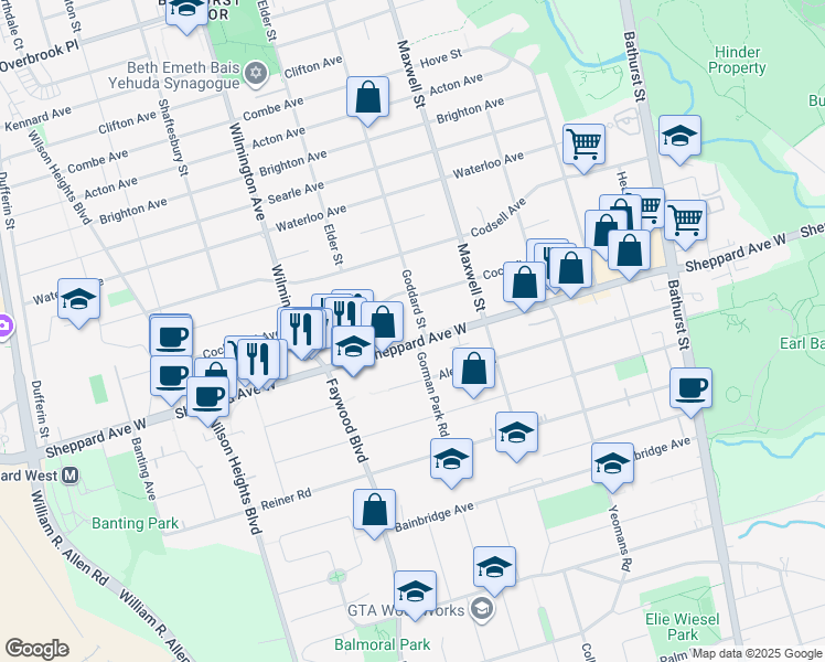 map of restaurants, bars, coffee shops, grocery stores, and more near in Toronto