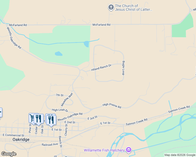 map of restaurants, bars, coffee shops, grocery stores, and more near Bugle Loop in Oakridge