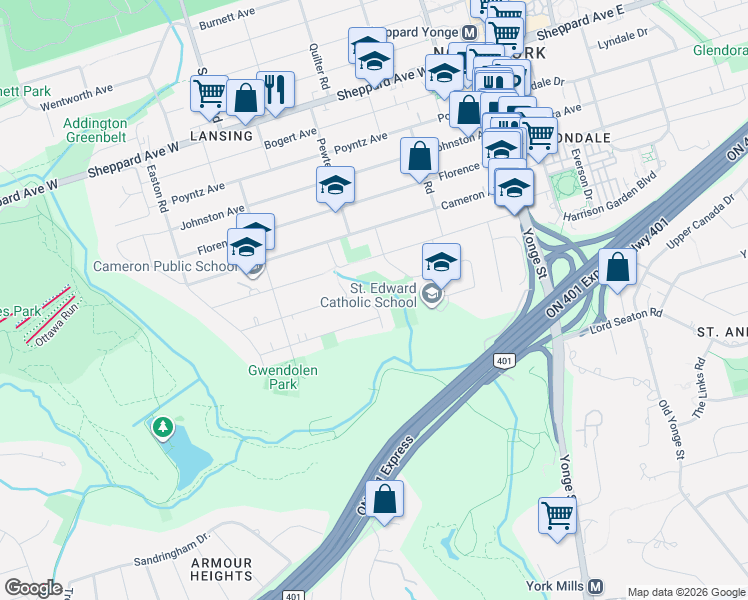 map of restaurants, bars, coffee shops, grocery stores, and more near in Toronto
