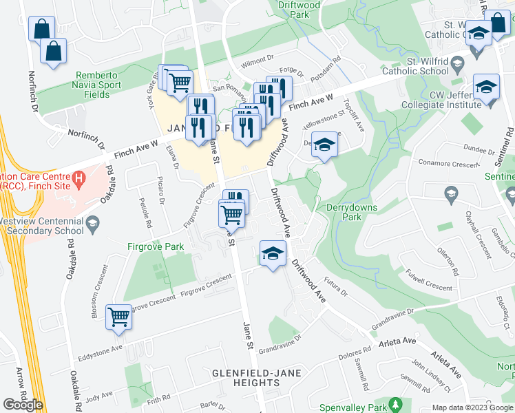 map of restaurants, bars, coffee shops, grocery stores, and more near 126 Venetian Crescent in Toronto