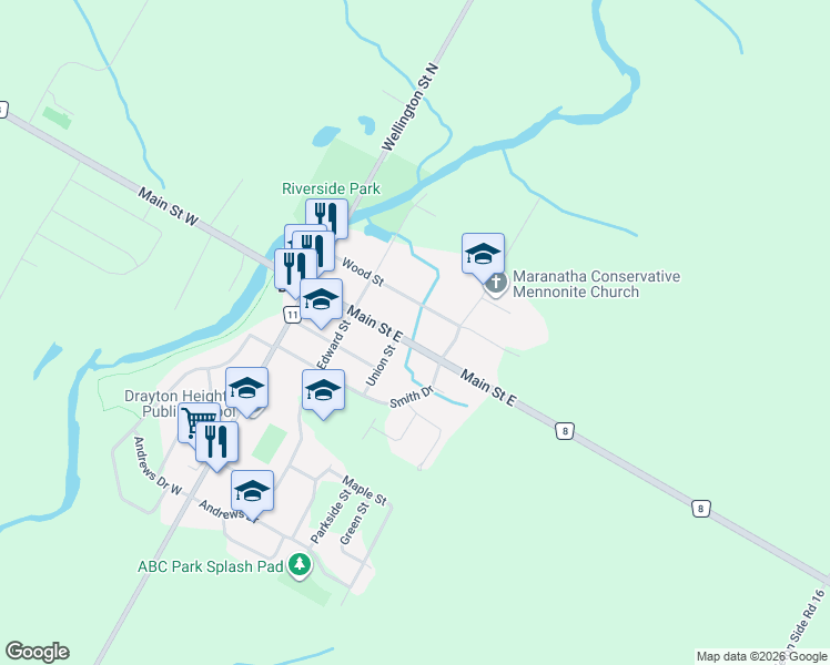 map of restaurants, bars, coffee shops, grocery stores, and more near 62 Main Street East in Drayton