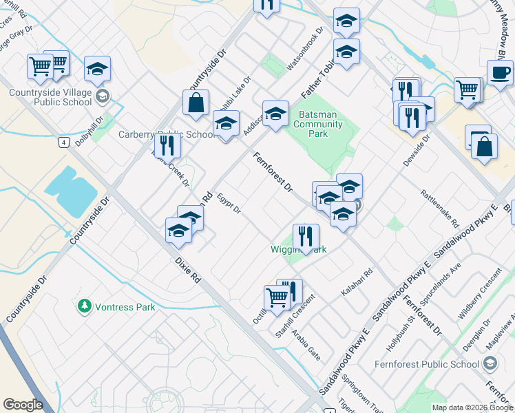 map of restaurants, bars, coffee shops, grocery stores, and more near 71 Egypt Drive in Brampton