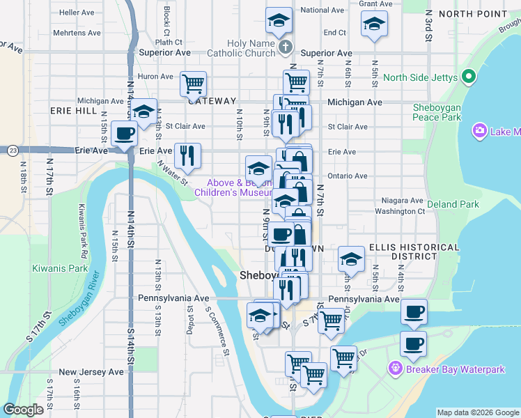 map of restaurants, bars, coffee shops, grocery stores, and more near 820 North 9th Street in Sheboygan