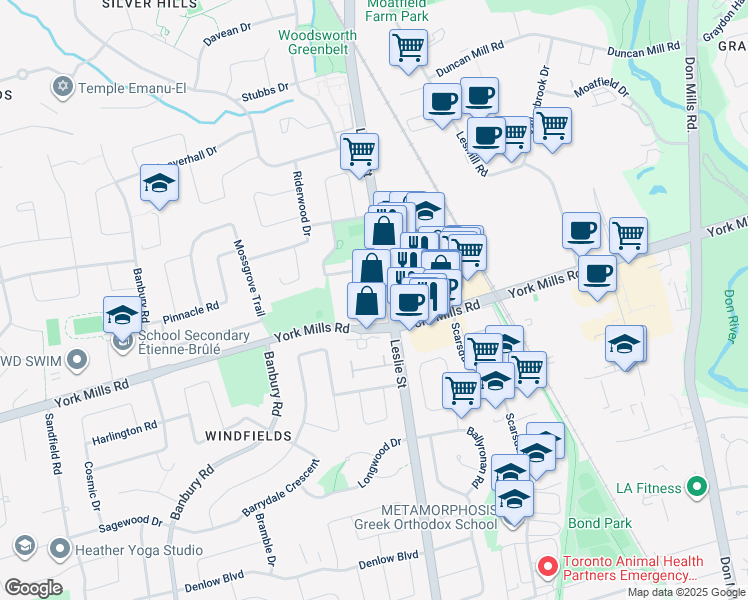 map of restaurants, bars, coffee shops, grocery stores, and more near 750 York Mills Road in Toronto