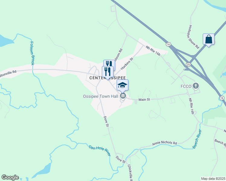 map of restaurants, bars, coffee shops, grocery stores, and more near 65 Main Street in Ossipee