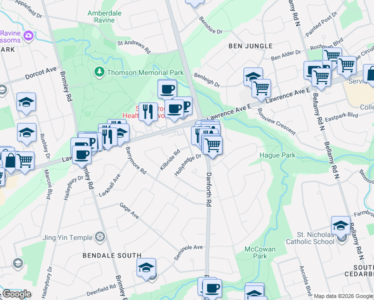 map of restaurants, bars, coffee shops, grocery stores, and more near in Toronto