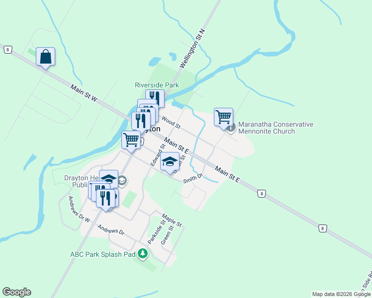 map of restaurants, bars, coffee shops, grocery stores, and more near 41 Main Street East in Drayton