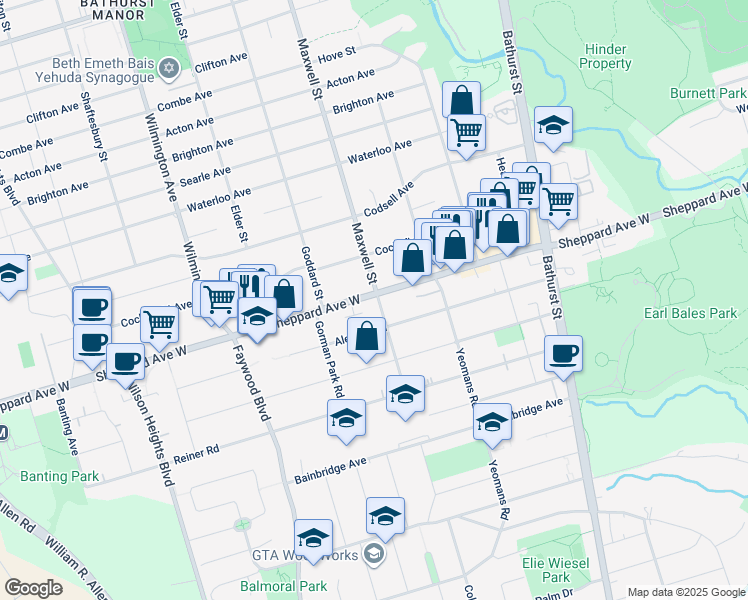 map of restaurants, bars, coffee shops, grocery stores, and more near 741 Sheppard Avenue West in Toronto