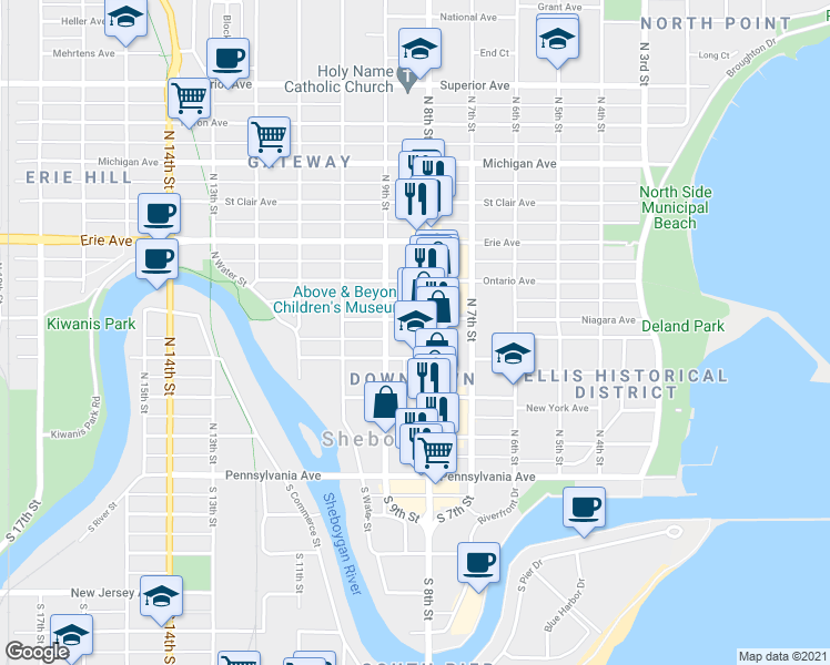 map of restaurants, bars, coffee shops, grocery stores, and more near 826 North 8th Street in Sheboygan