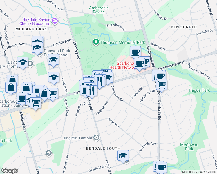 map of restaurants, bars, coffee shops, grocery stores, and more near 2923 Lawrence Avenue East in Toronto