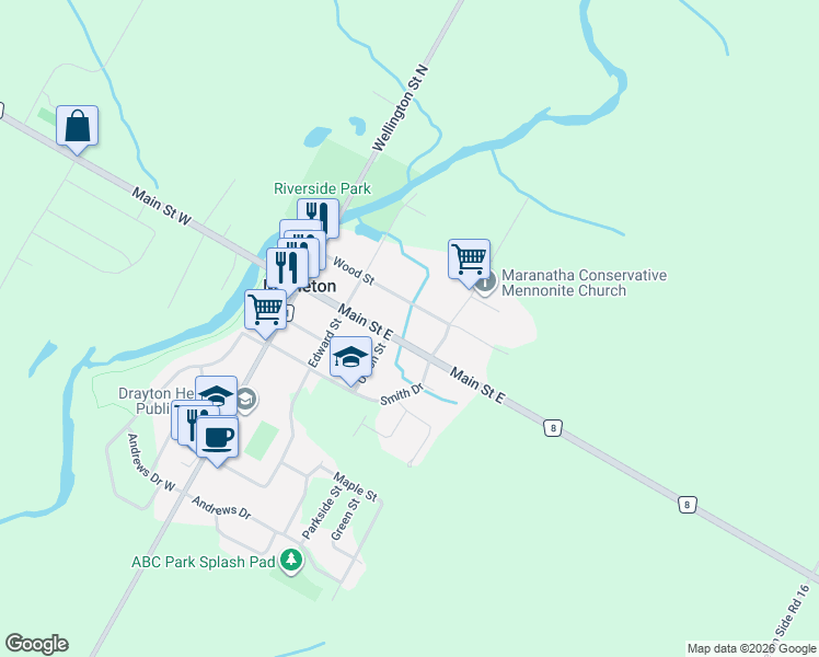 map of restaurants, bars, coffee shops, grocery stores, and more near 60 Main Street East in Drayton