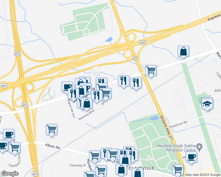 map of restaurants, bars, coffee shops, grocery stores, and more near 1 Steinway Boulevard in Toronto