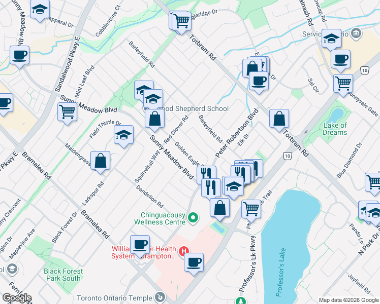 map of restaurants, bars, coffee shops, grocery stores, and more near 25 Golden Eagle Road in Brampton