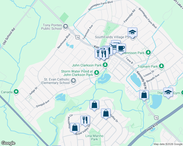 map of restaurants, bars, coffee shops, grocery stores, and more near 446 Dougall Avenue in Regional Municipality of Peel
