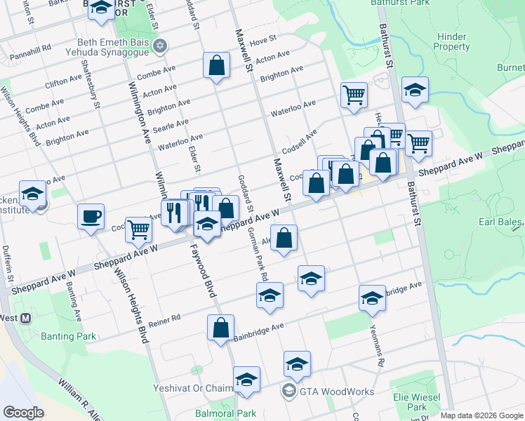 map of restaurants, bars, coffee shops, grocery stores, and more near 757 Sheppard Avenue West in Toronto