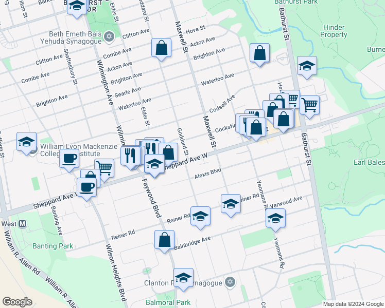 map of restaurants, bars, coffee shops, grocery stores, and more near in Toronto