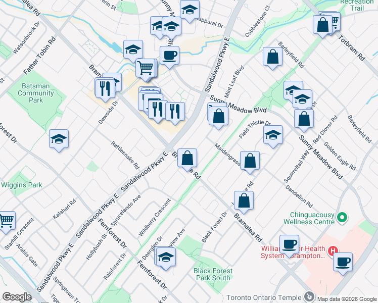 map of restaurants, bars, coffee shops, grocery stores, and more near in Brampton