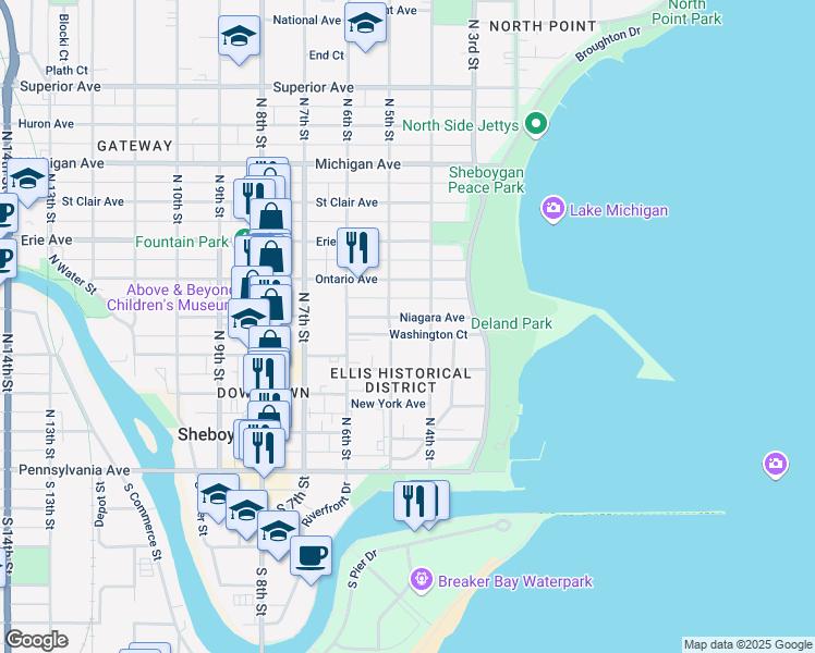 map of restaurants, bars, coffee shops, grocery stores, and more near 401 Washington Court in Sheboygan