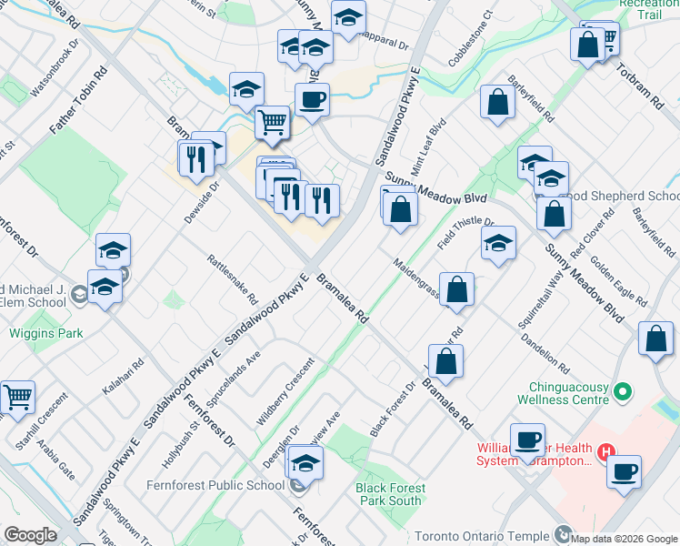 map of restaurants, bars, coffee shops, grocery stores, and more near 67 Sweet Clover Cres in Brampton