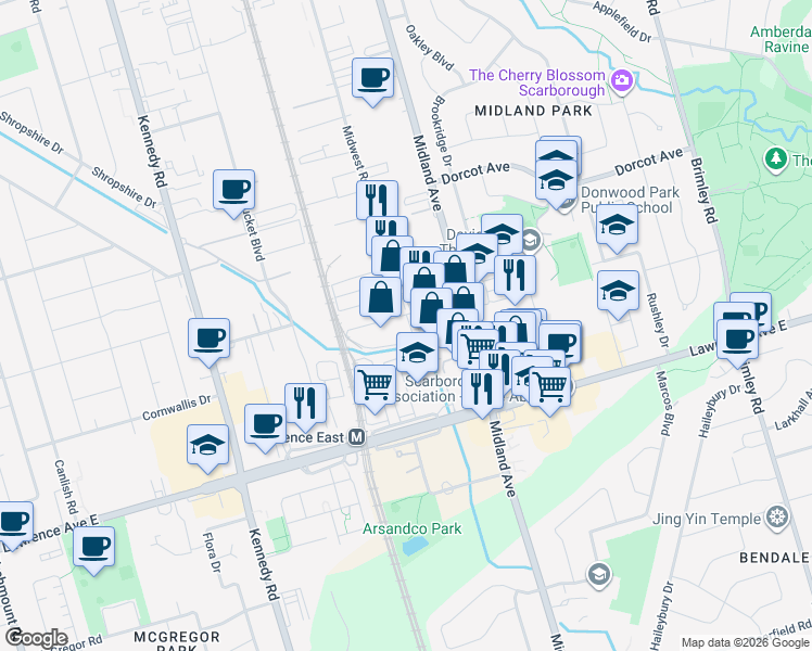 map of restaurants, bars, coffee shops, grocery stores, and more near 80 Midwest Road in Toronto