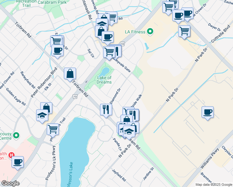 map of restaurants, bars, coffee shops, grocery stores, and more near Blue Diamond Drive in Brampton