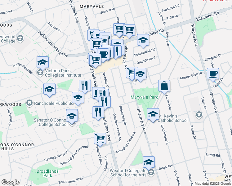 map of restaurants, bars, coffee shops, grocery stores, and more near 16 Robertsfield Crescent in Toronto