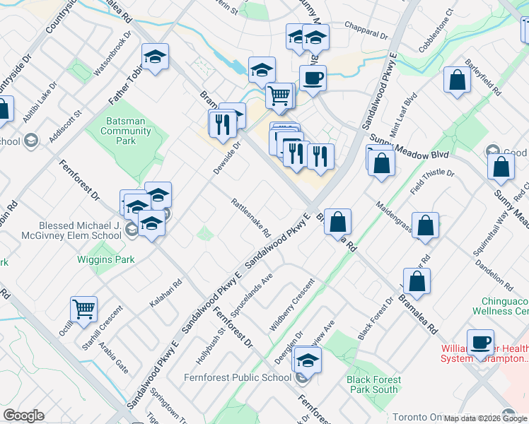 map of restaurants, bars, coffee shops, grocery stores, and more near 3 Desert Sand Drive in Brampton