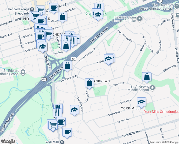 map of restaurants, bars, coffee shops, grocery stores, and more near Aldershot Crescent in Toronto