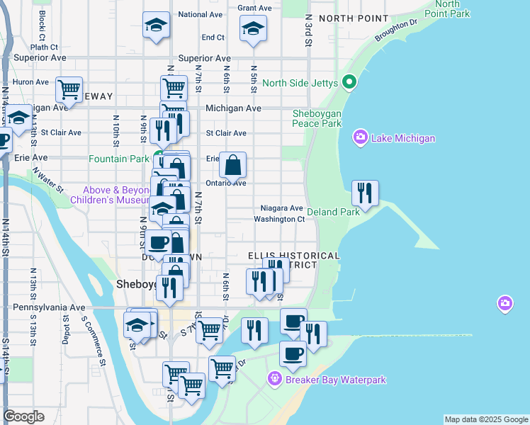 map of restaurants, bars, coffee shops, grocery stores, and more near 401 Washington Court in Sheboygan