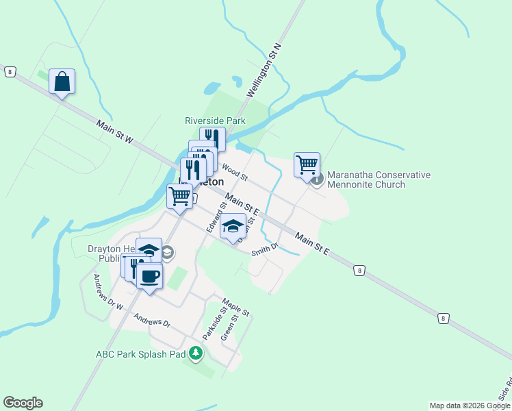 map of restaurants, bars, coffee shops, grocery stores, and more near 50 Main Street East in Mapleton