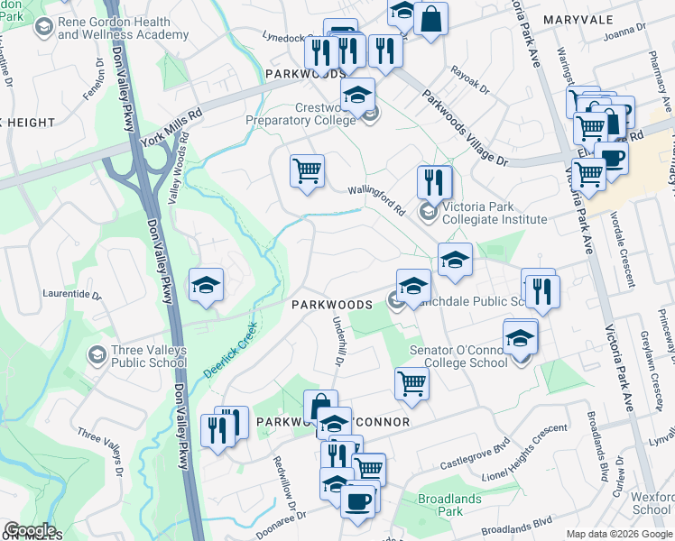 map of restaurants, bars, coffee shops, grocery stores, and more near 12 Hirondelle Place in Toronto