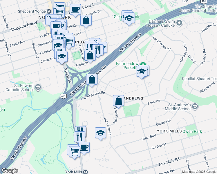 map of restaurants, bars, coffee shops, grocery stores, and more near 15 Aldershot Crescent in Toronto