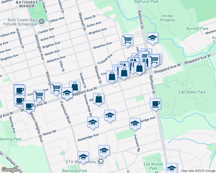 map of restaurants, bars, coffee shops, grocery stores, and more near in Toronto