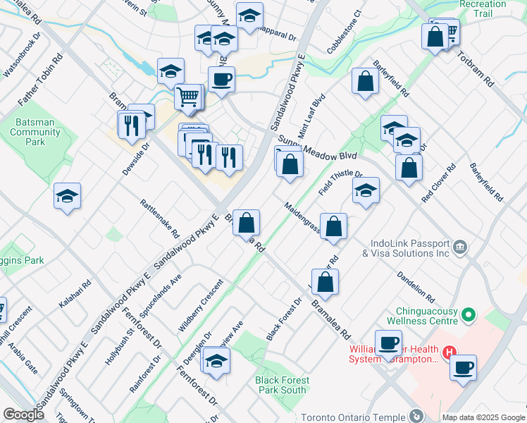 map of restaurants, bars, coffee shops, grocery stores, and more near in Brampton