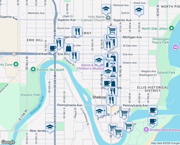 map of restaurants, bars, coffee shops, grocery stores, and more near 1018 Wisconsin Avenue in Sheboygan