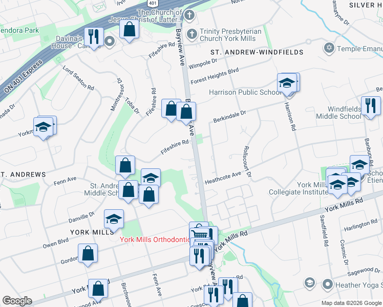 map of restaurants, bars, coffee shops, grocery stores, and more near 2638A Bayview Avenue in Toronto