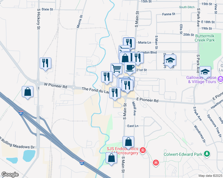 map of restaurants, bars, coffee shops, grocery stores, and more near 65 West Pioneer Road in Fond du Lac