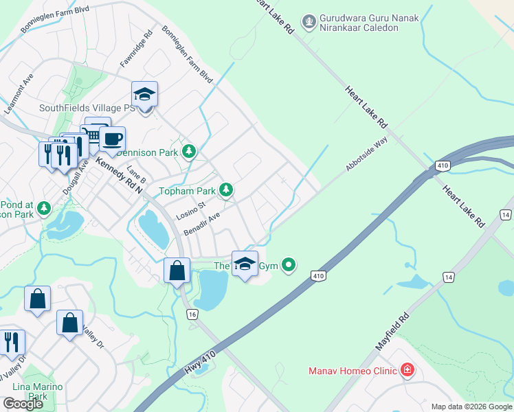 map of restaurants, bars, coffee shops, grocery stores, and more near 2 Nectarlane Avenue in Regional Municipality of Peel