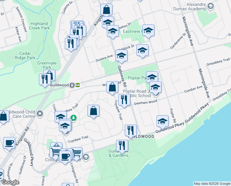 map of restaurants, bars, coffee shops, grocery stores, and more near 135 Toynbee Trail in Toronto
