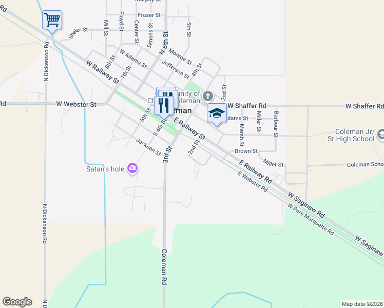 map of restaurants, bars, coffee shops, grocery stores, and more near 508 East Webster Street in Coleman