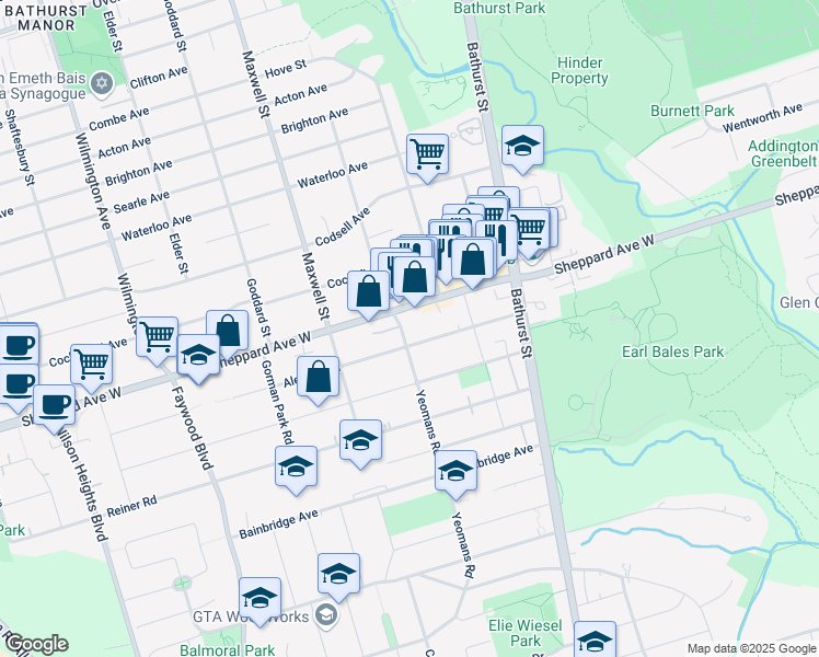 map of restaurants, bars, coffee shops, grocery stores, and more near 147 Yeomans Road in Toronto