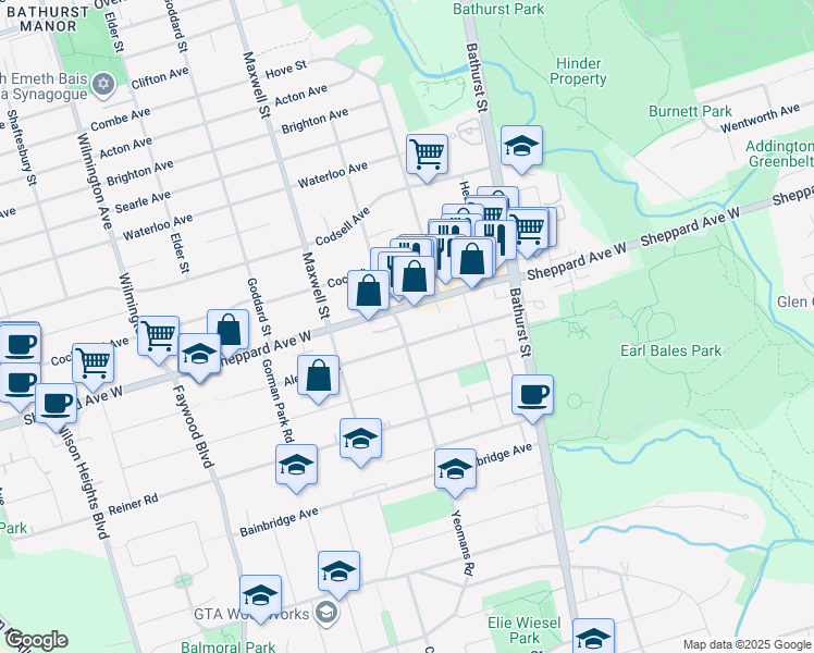 map of restaurants, bars, coffee shops, grocery stores, and more near 147 Yeomans Road in Toronto