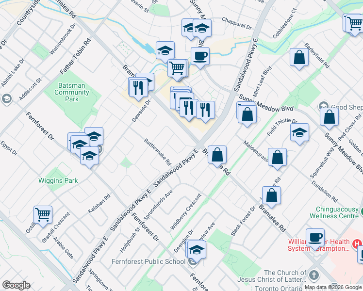 map of restaurants, bars, coffee shops, grocery stores, and more near 21 Desert Sand Drive in Brampton