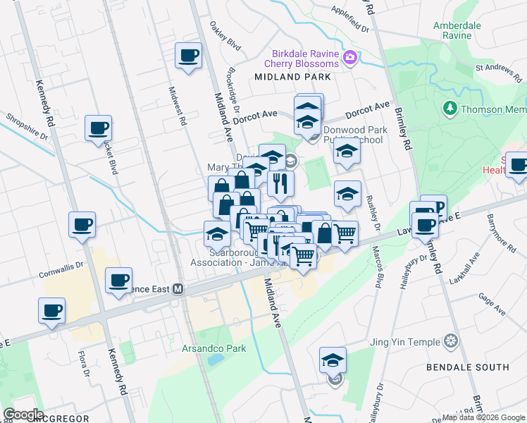 map of restaurants, bars, coffee shops, grocery stores, and more near in Toronto